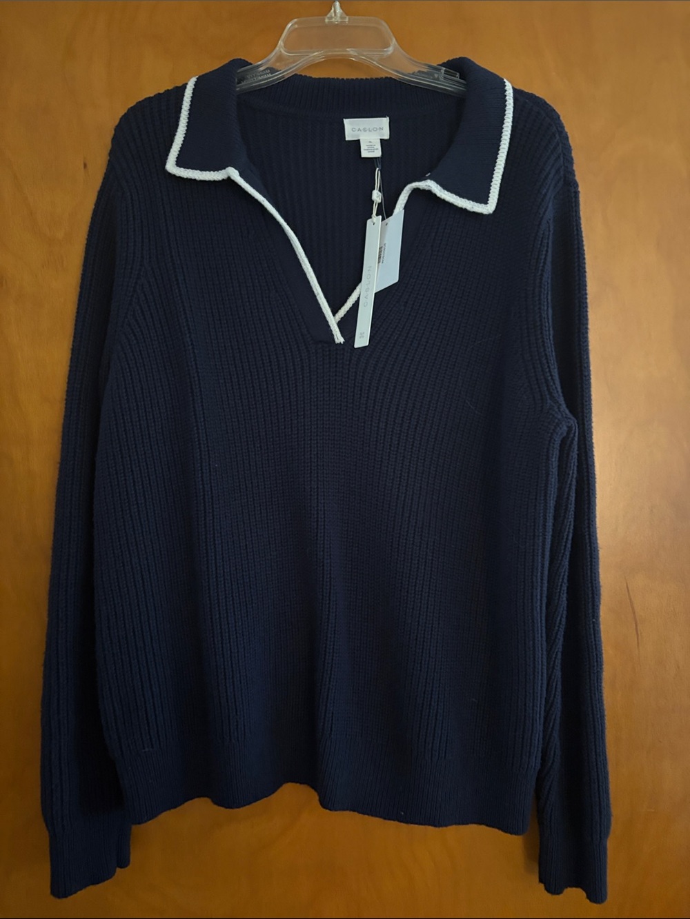 Caslon Navy V-Neck Polo Sweater with White Trim